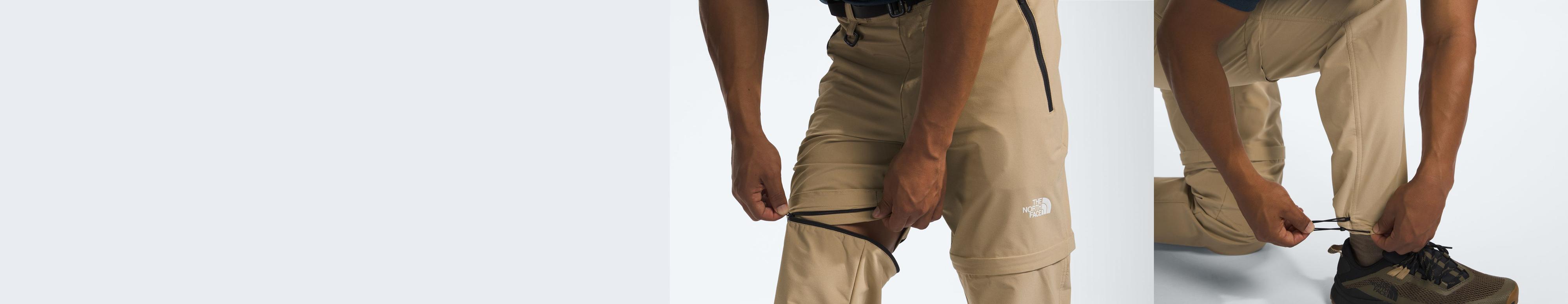 A split image showing the adjustability and zip-off functionality of the Paramount Pro Convertible Pants.